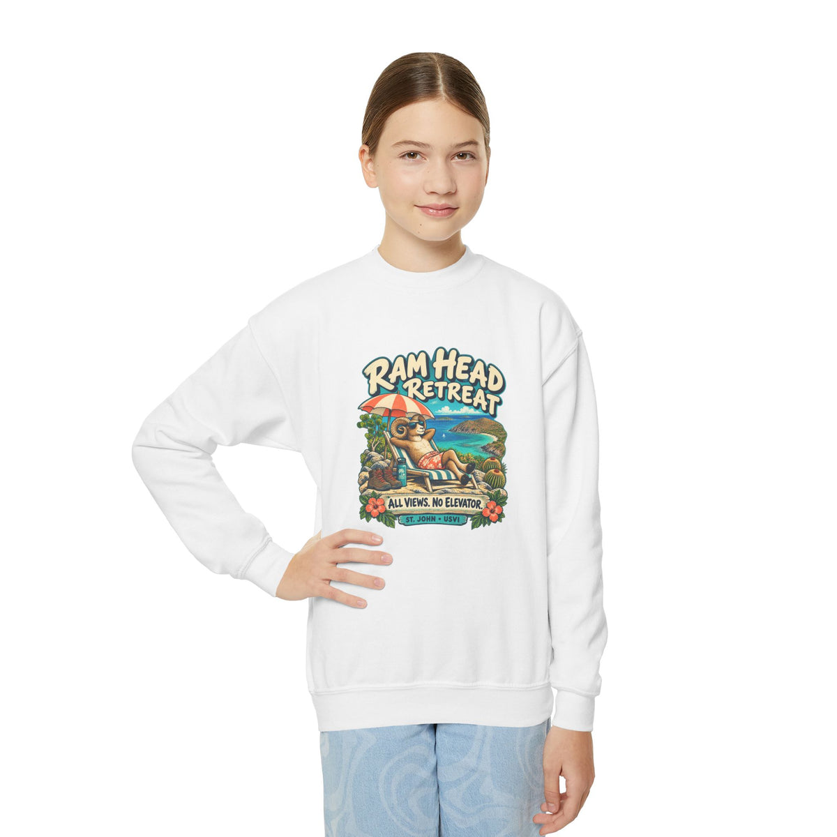 Youth model wearing a Gildan 18000B sweatshirt with Ram Head Retreat St John USVI artwork.