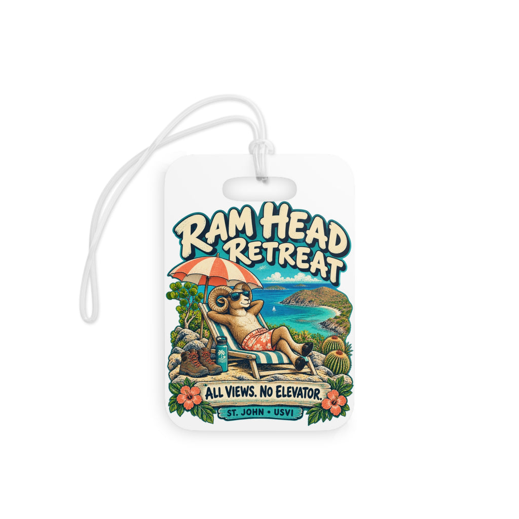 Ram Head Retreat St John USVI luggage tag with relaxing ram artwork, product mockup 2