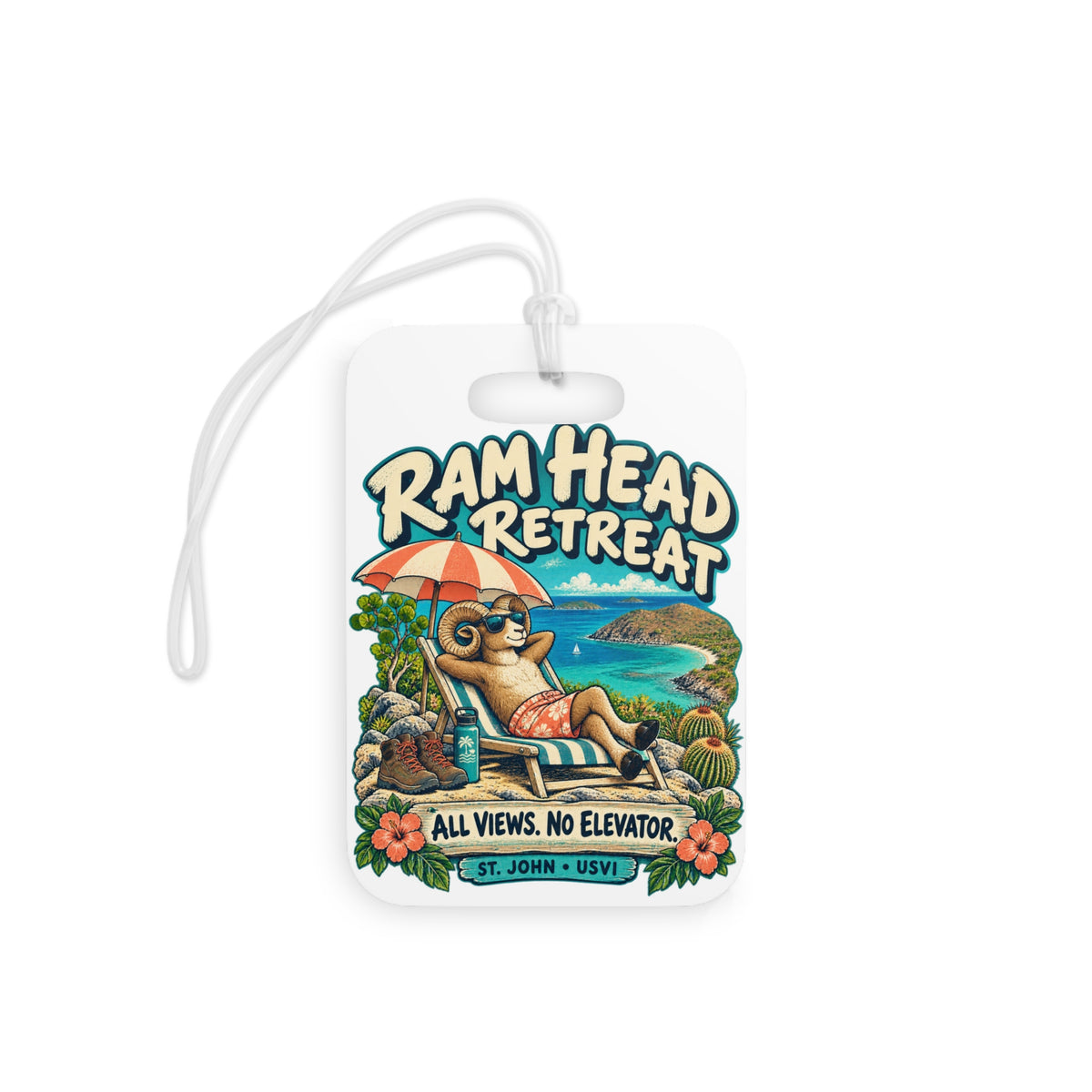 Ram Head Retreat St John USVI luggage tag with relaxing ram artwork, product mockup 2