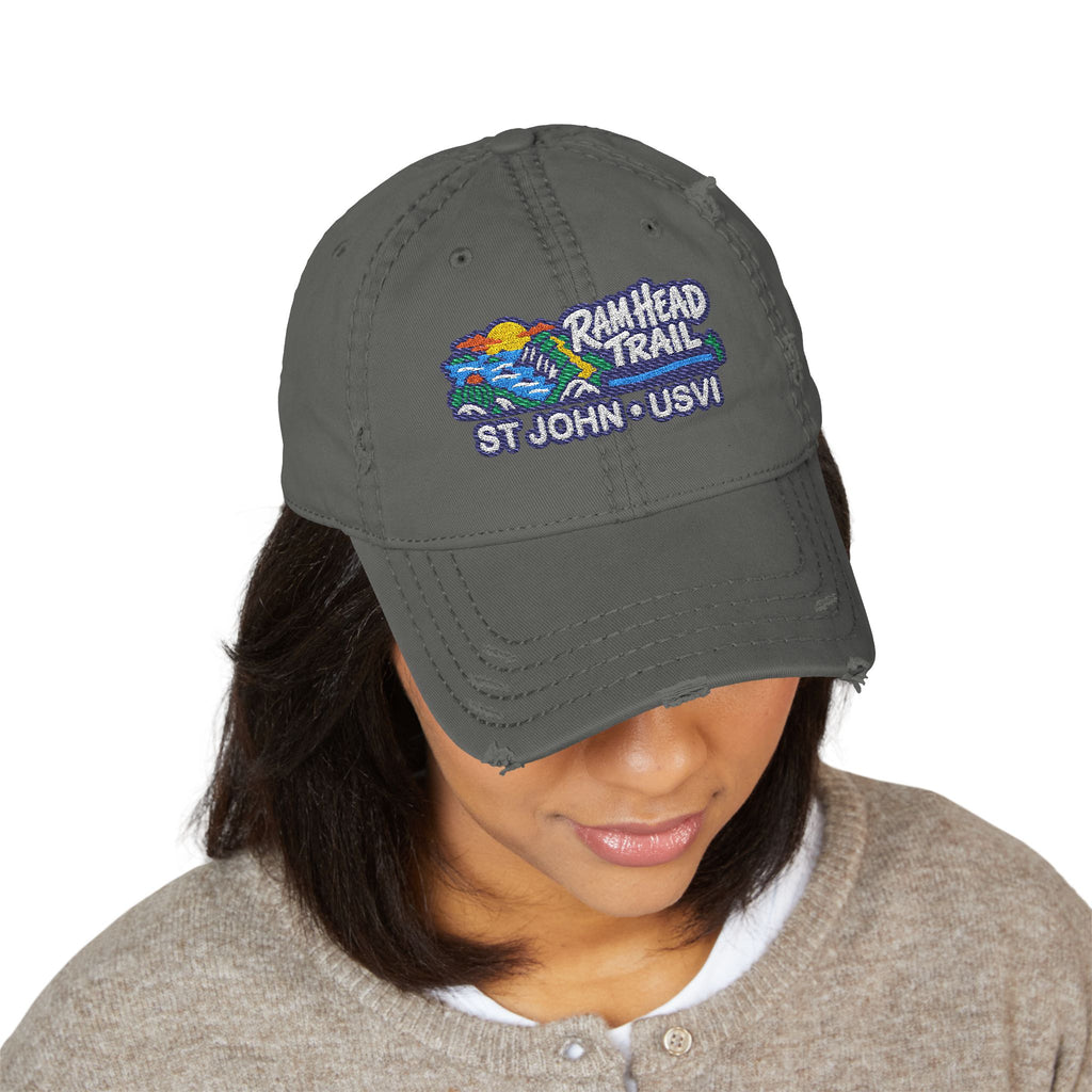 Ram Head Trail St John USVI embroidered distressed dad hat, product and model view 6