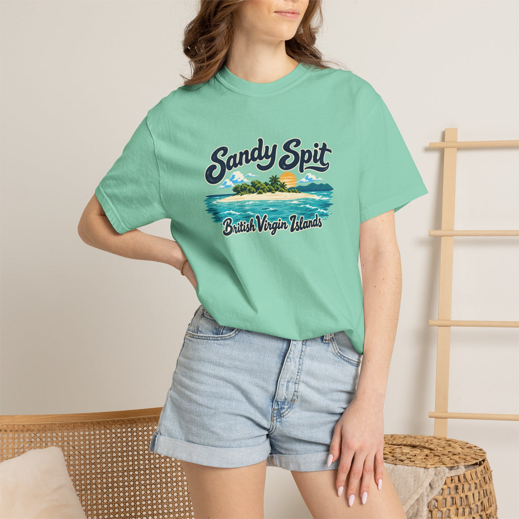 Model wearing the Sandy Spit BVI Comfort Colors 1717 T-shirt with colorful palm-tree island artwork and British Virgin Islands lettering.