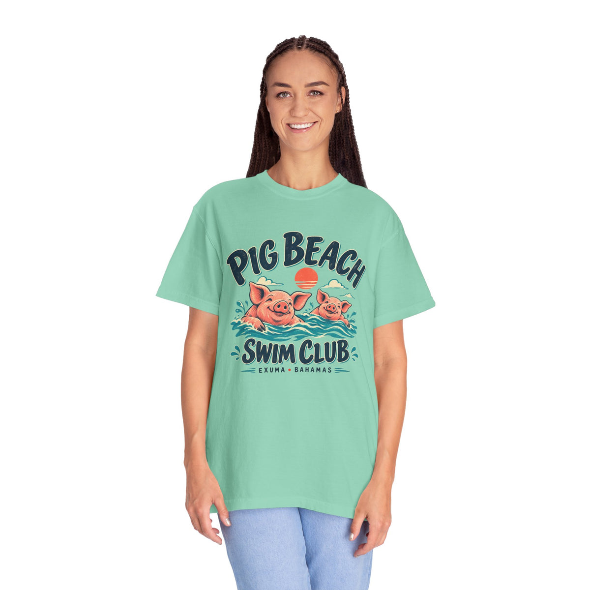Model wearing the Pig Beach Swim Club Exuma Bahamas Comfort Colors 1717 T-shirt.