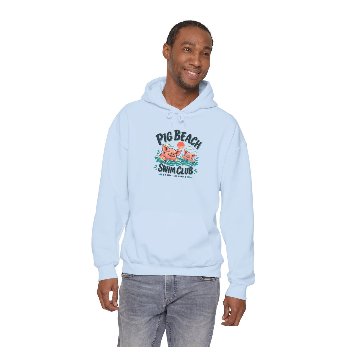 Model wearing the Pig Beach Swim Club Exuma Bahamas Gildan 18500 hoodie.