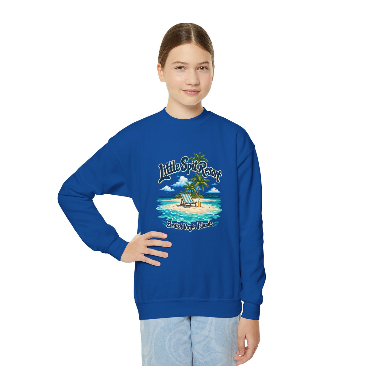 Youth model wearing the Little Spit Resort BVI Gildan 18000B sweatshirt with enlarged tropical artwork aligned high on the chest.