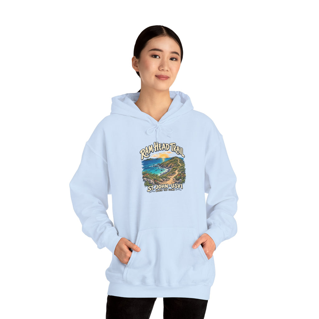 Model wearing a Gildan 18500 hoodie with the Ram Head Trail coastal design and St. John USVI lettering on the front.