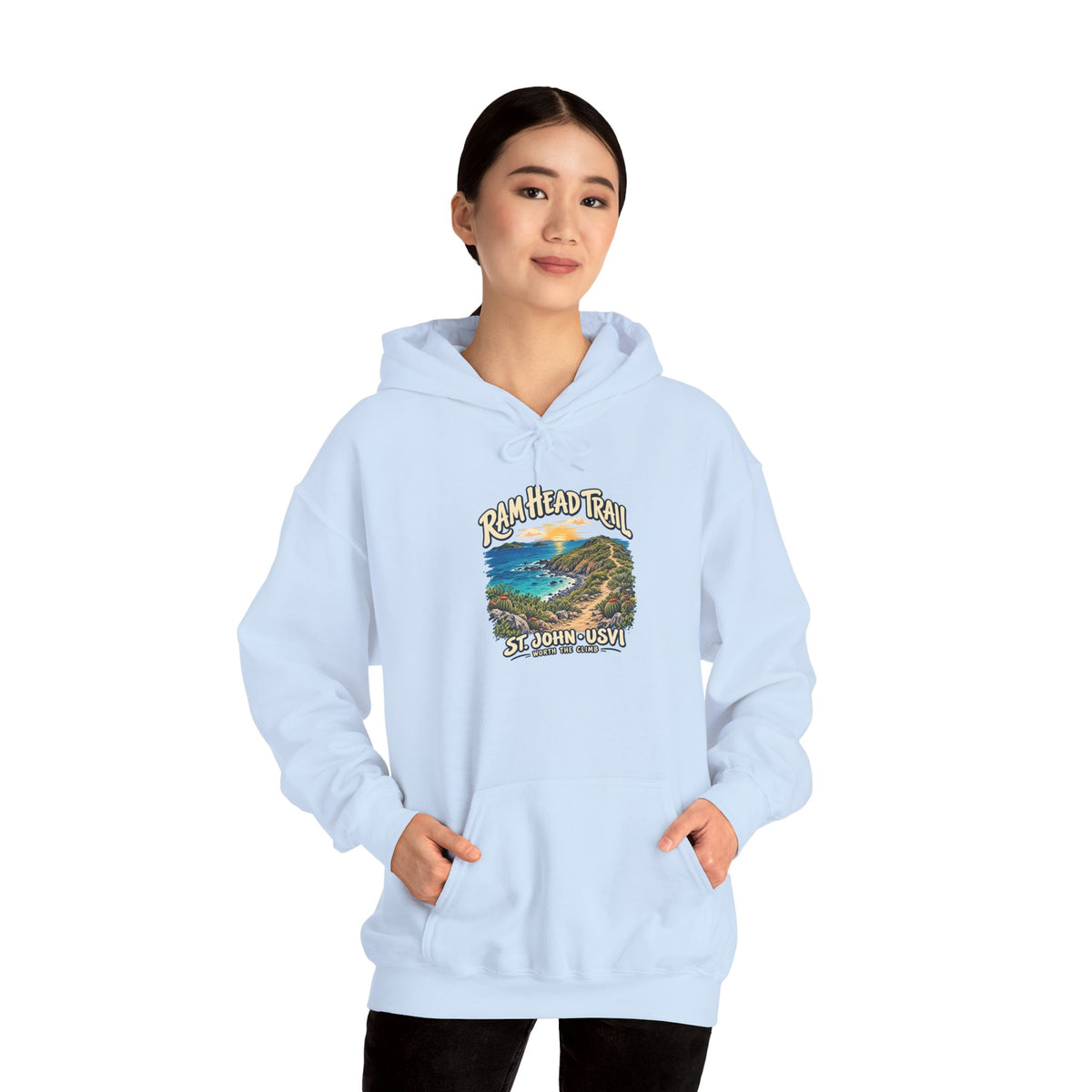 Model wearing a Gildan 18500 hoodie with the Ram Head Trail coastal design and St. John USVI lettering on the front.