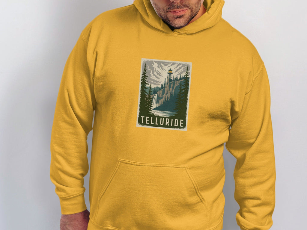 Yellow Hoodie with Telluride Mountain Design