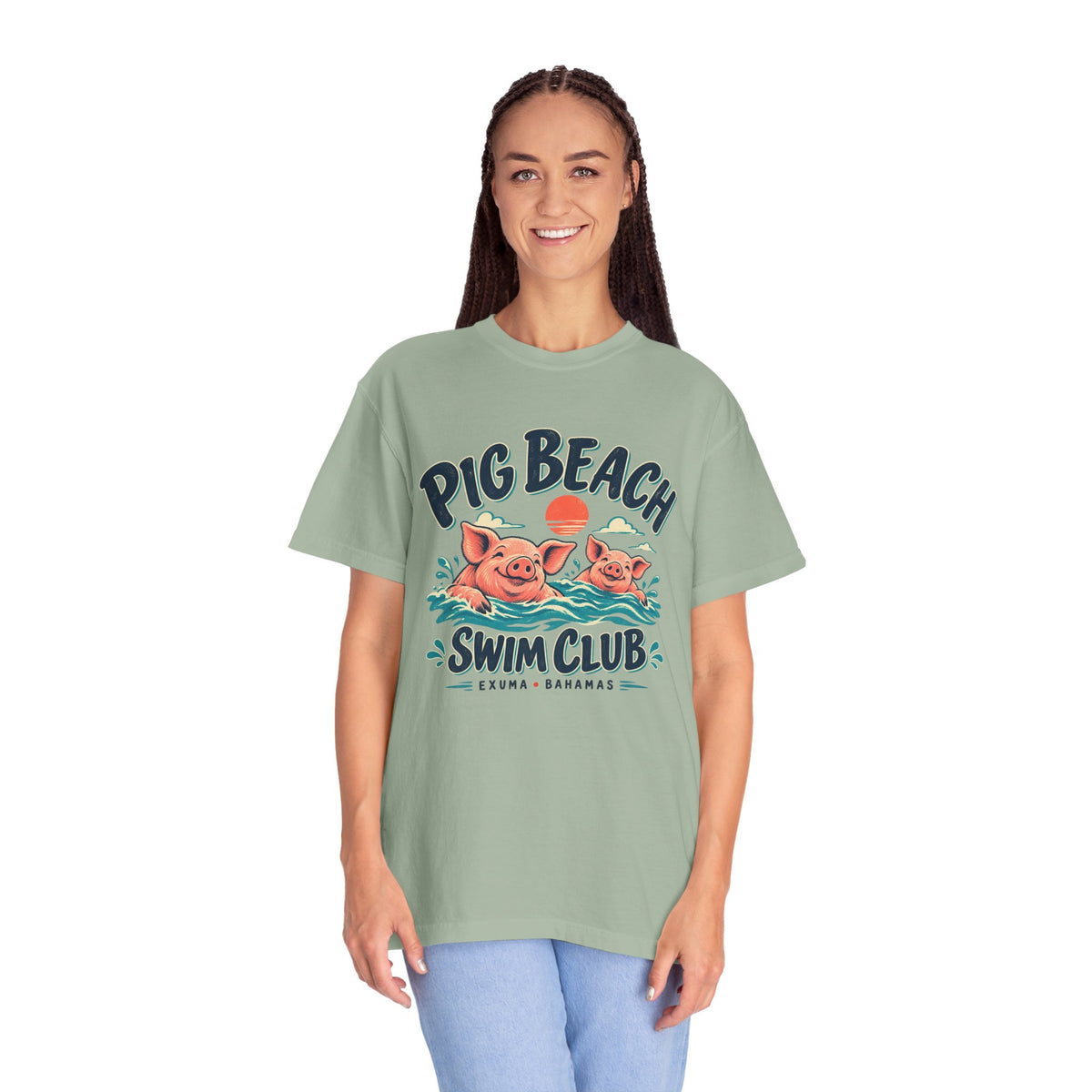 Model wearing the Pig Beach Swim Club Exuma Bahamas Comfort Colors 1717 T-shirt.