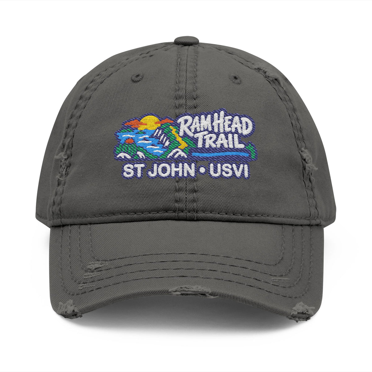 Ram Head Trail St John USVI embroidered distressed dad hat, product and model view 2