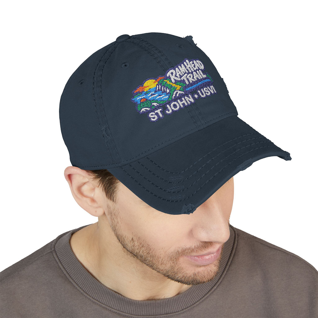Ram Head Trail St John USVI embroidered distressed dad hat, product and model view 9