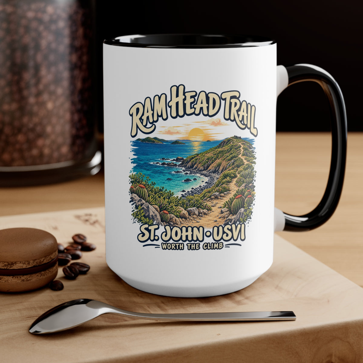 Ram Head Trail St John USVI coastal artwork on the printed side of a ceramic accent coffee mug.