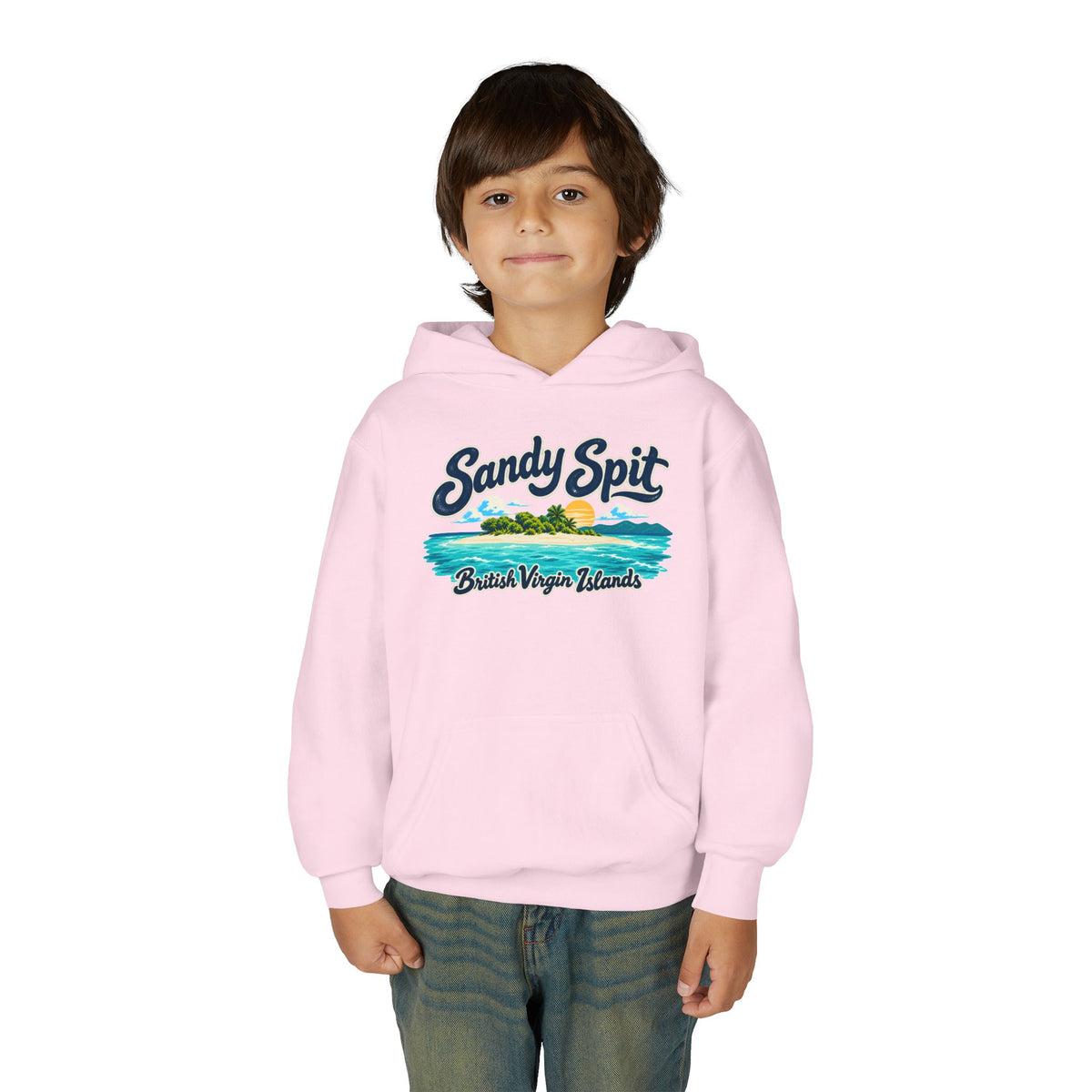 Young model wearing the Sandy Spit BVI Gildan 18500B youth hoodie, front-view mockup.