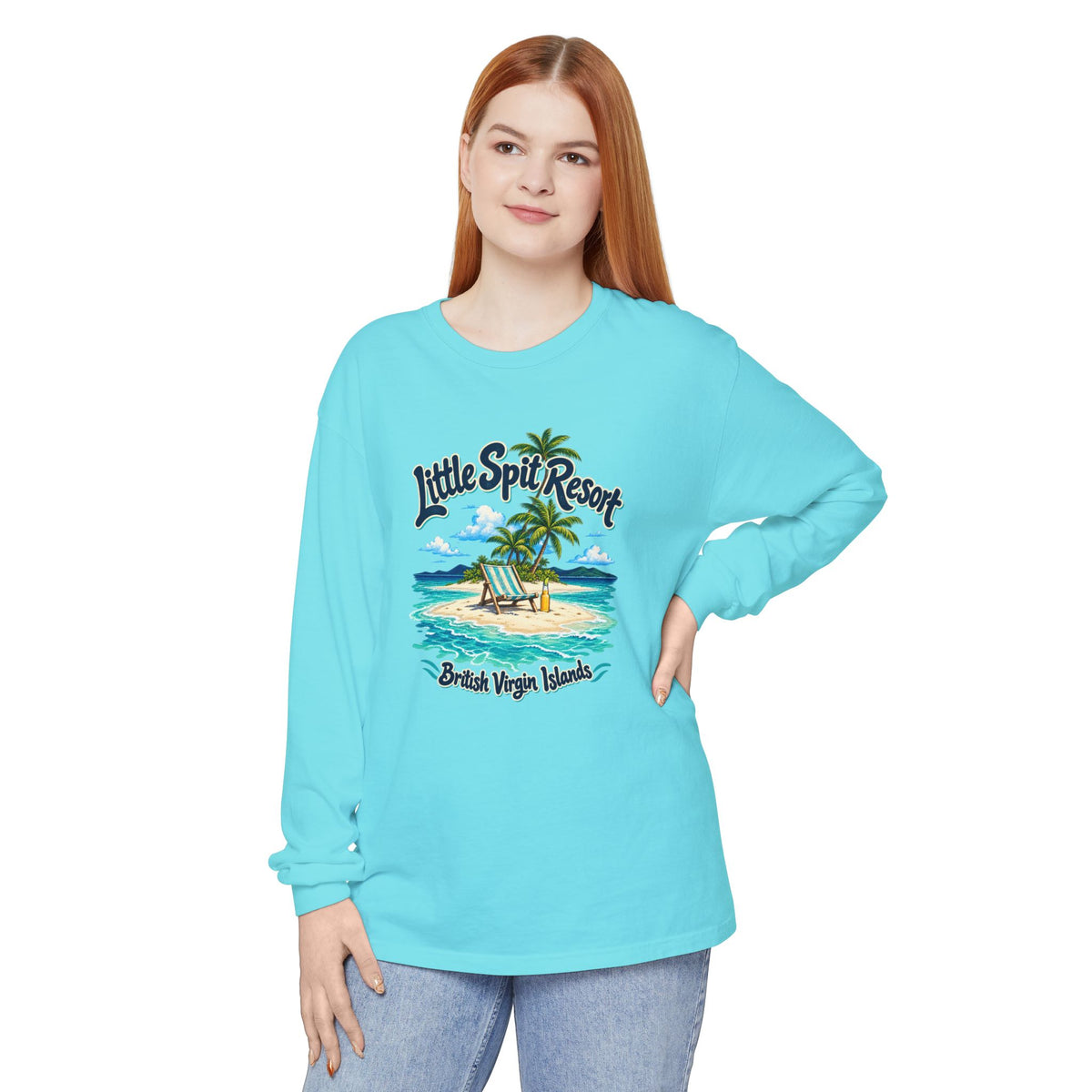 Model wearing the Little Spit Resort BVI Comfort Colors 6014 long-sleeve T-shirt with a beach-chair and palm-tree island graphic.