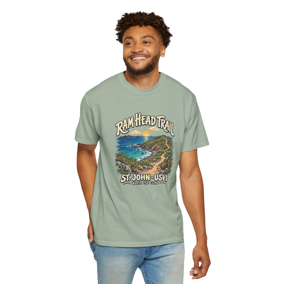 Model wearing a Comfort Colors 1717 T-shirt with the Ram Head Trail coastal illustration and St. John USVI lettering on the front.