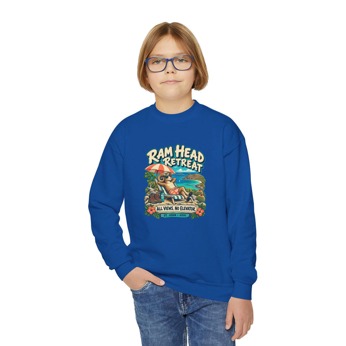 Youth model wearing a Gildan 18000B sweatshirt with Ram Head Retreat St John USVI artwork.