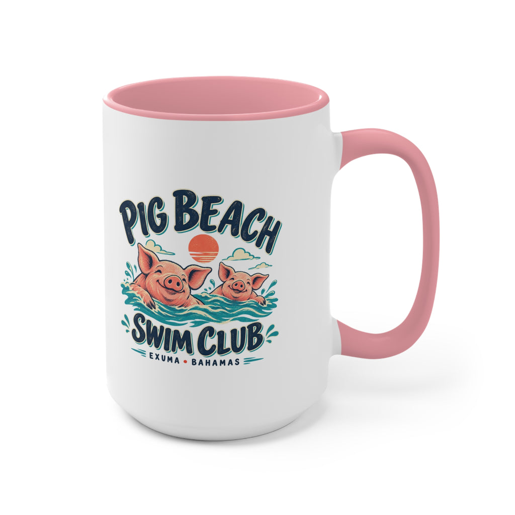 Pig Beach Swim Club Exuma Bahamas accent mug with colorful swimming-pig artwork printed on both sides.
