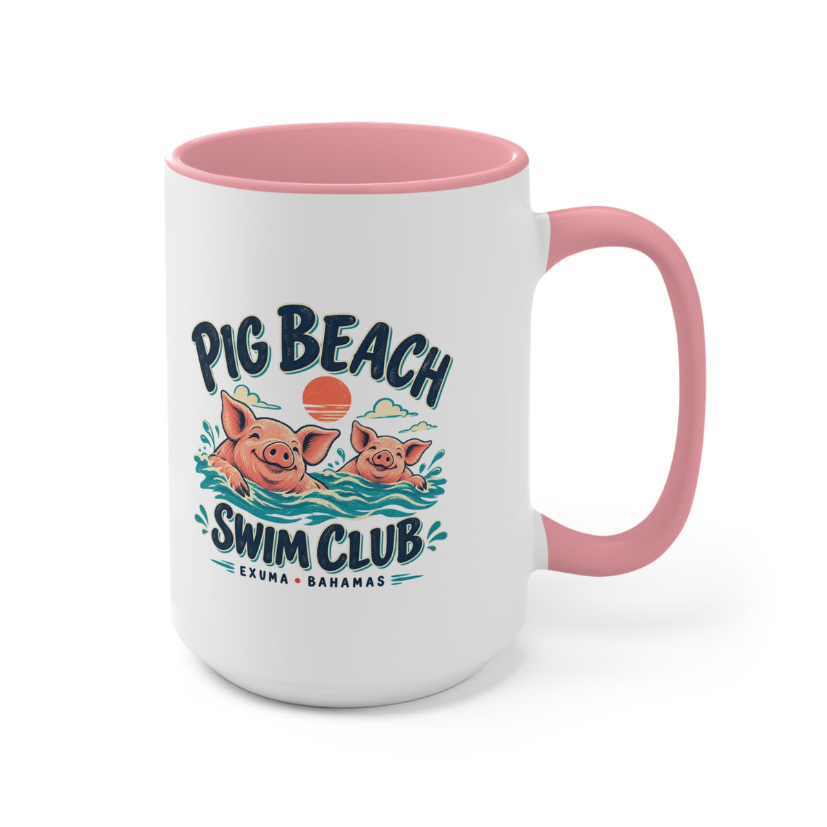 Pig Beach Swim Club Exuma Bahamas accent mug with colorful swimming-pig artwork printed on both sides.