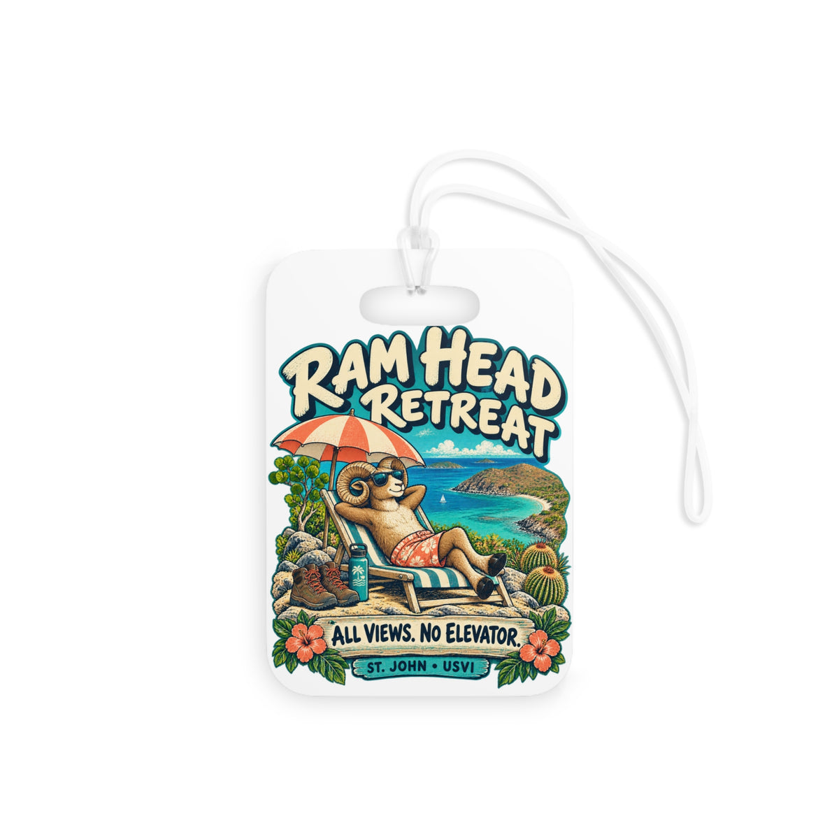 Ram Head Retreat St John USVI luggage tag with relaxing ram artwork, product mockup 6
