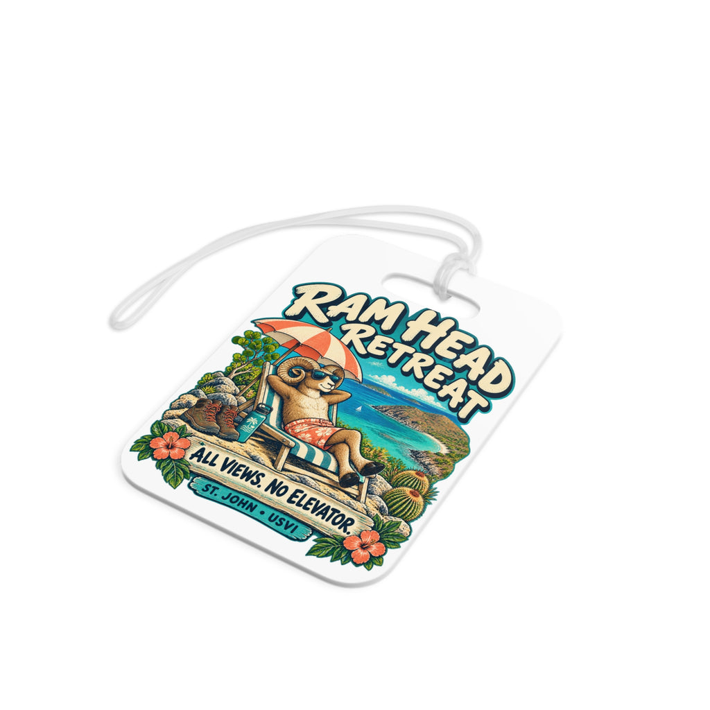 Ram Head Retreat St John USVI luggage tag with relaxing ram artwork, product mockup 7