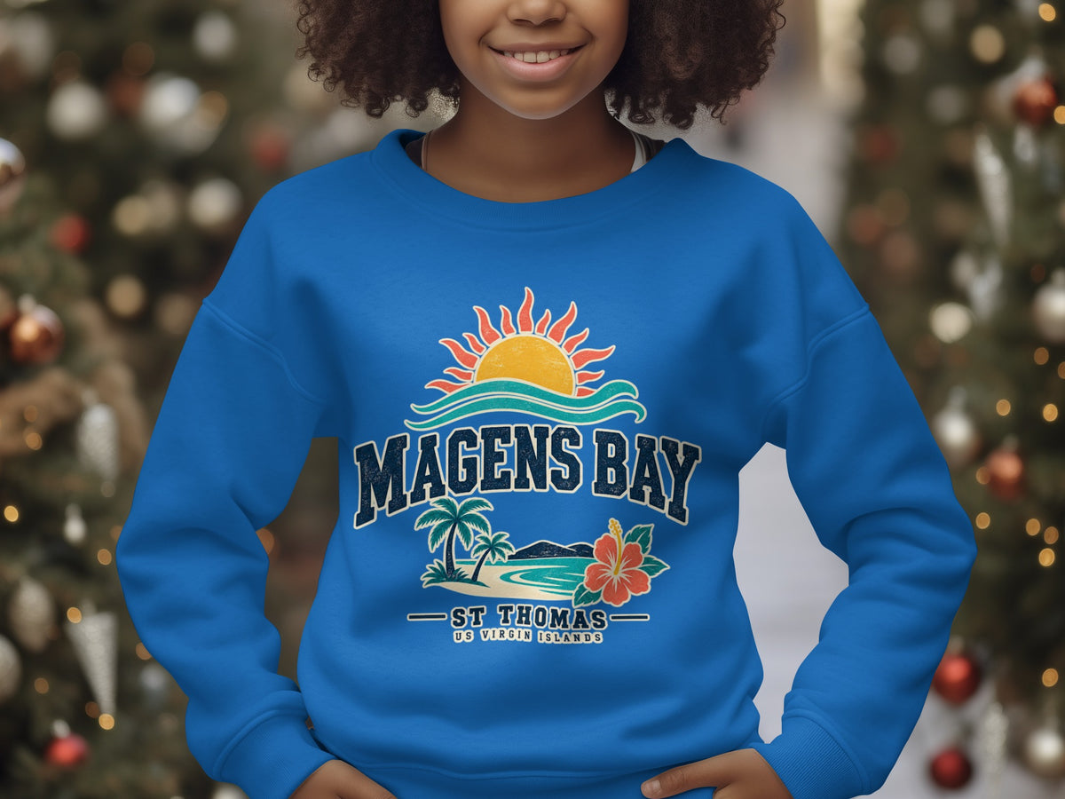 Blue sweatshirt with Magens Bay, St Thomas, US Virgin Islands graphic.