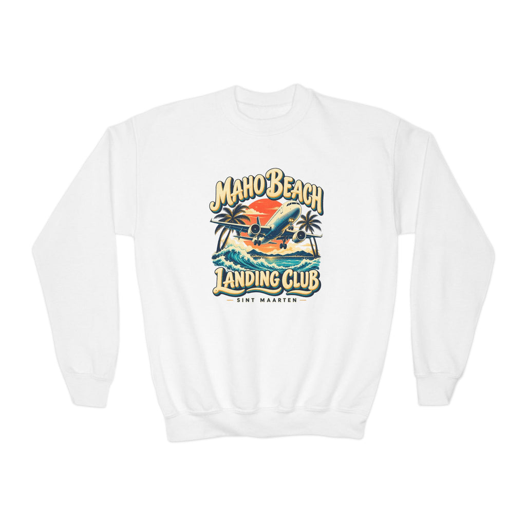 Maho Beach Landing Club Sint Maarten Gildan 18000B Youth Sweatshirt featuring the Maho Beach destination artwork, supplier product mockup