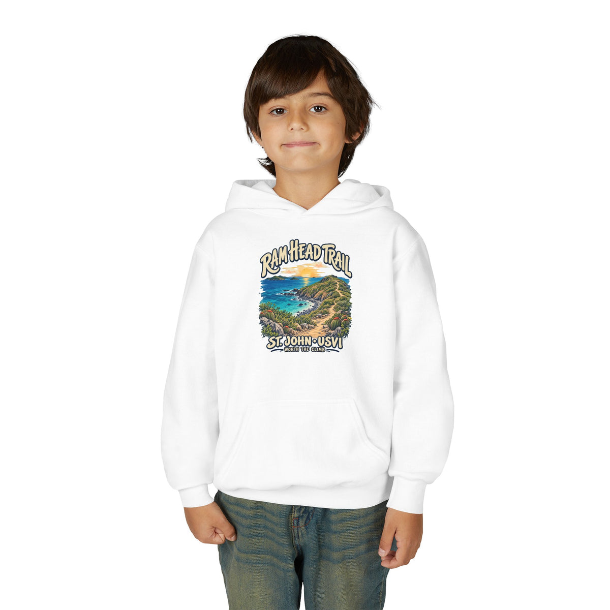 Youth model wearing a Gildan 18500B hoodie with Ram Head Trail St John USVI coastal artwork.