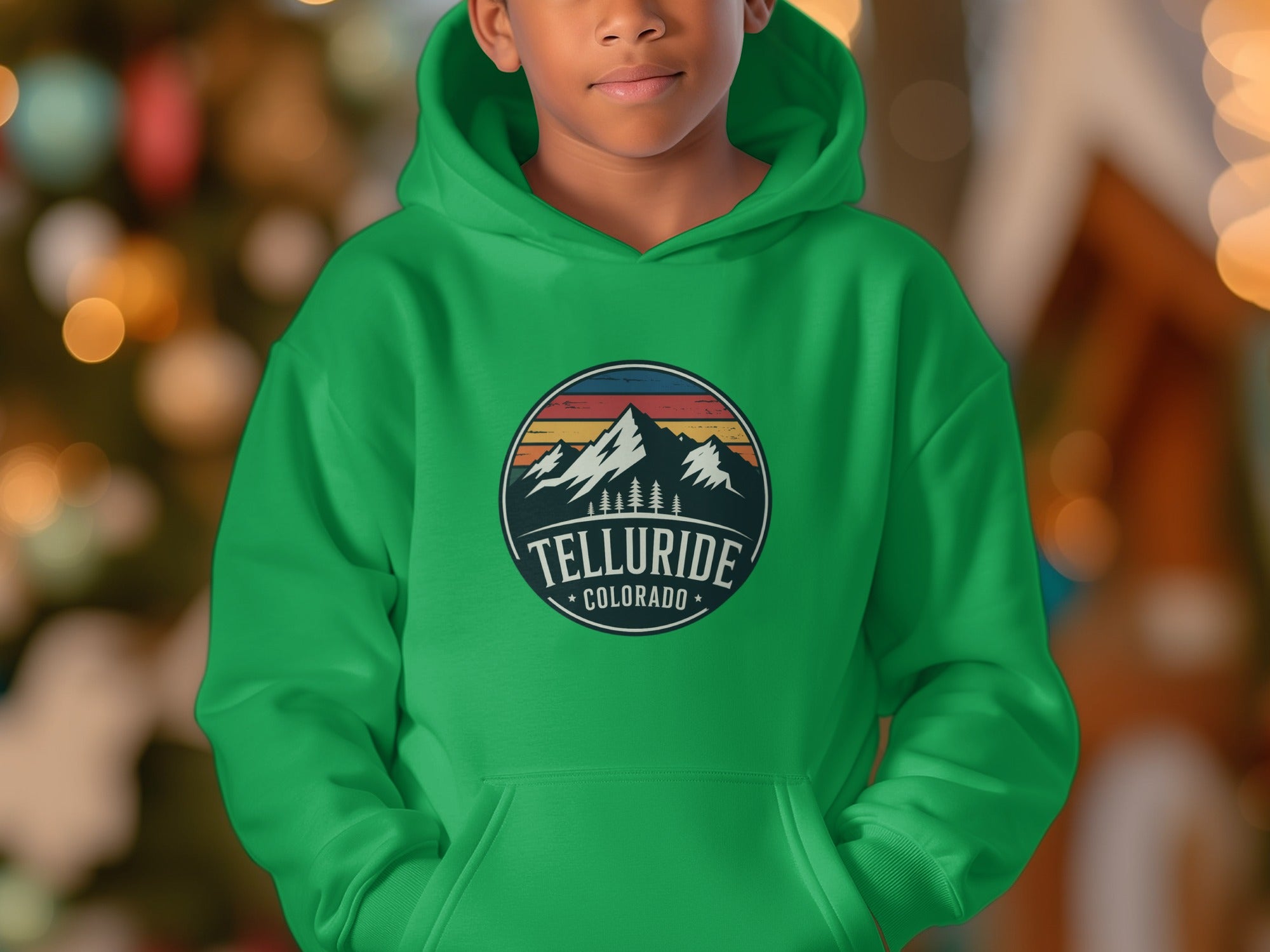 Green Hoodie with Telluride Colorado Mountain Design