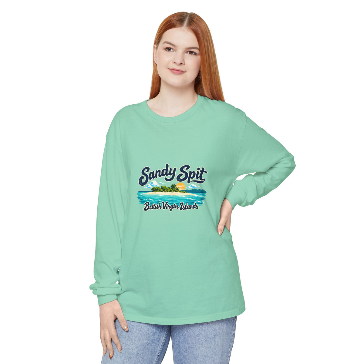 Model wearing the Sandy Spit British Virgin Islands Comfort Colors 6014 long-sleeve T-shirt.
