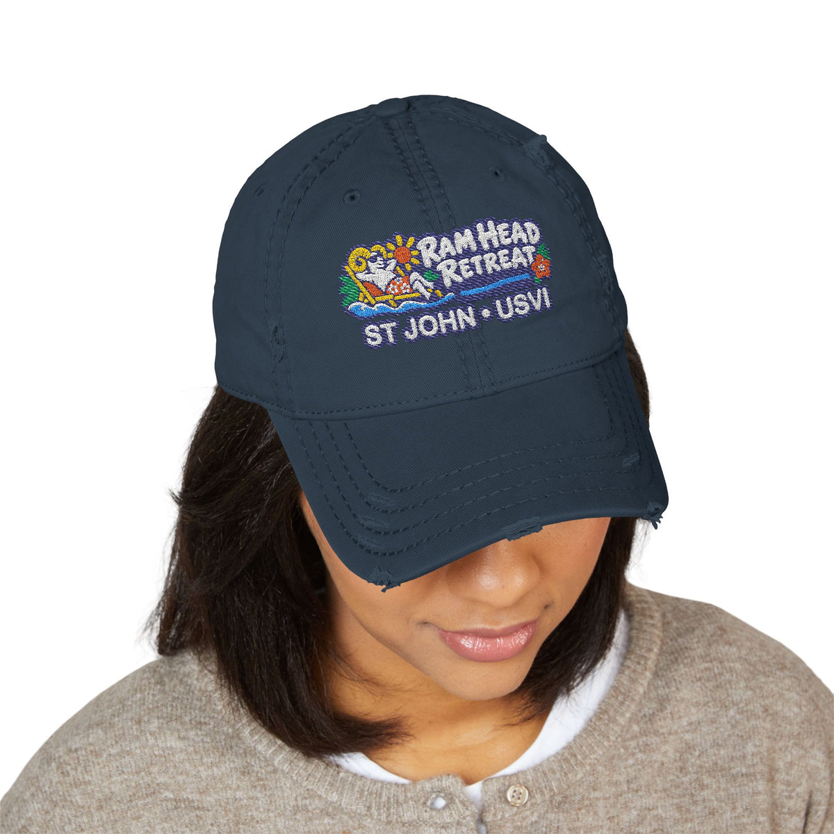Ram Head Retreat St John USVI embroidered distressed dad hat, Dark Navy worn by female model
