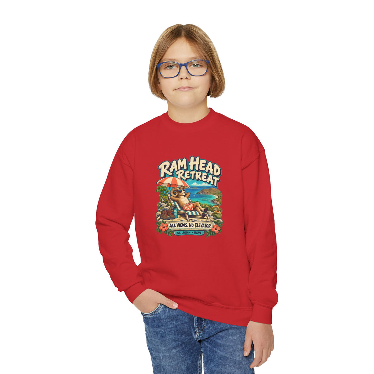 Youth model wearing a Gildan 18000B sweatshirt with Ram Head Retreat St John USVI artwork.