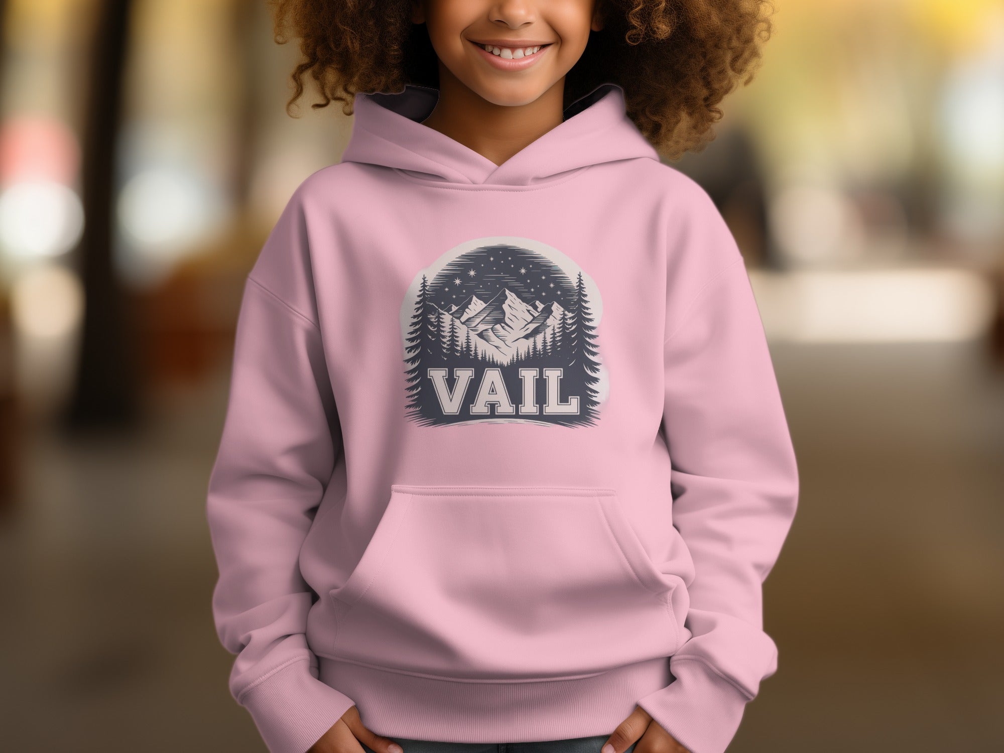 Vail Mountain Pink Hoodie for Kids with Scenic Design