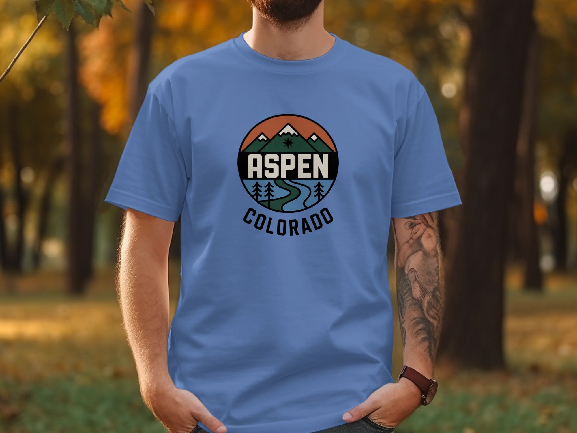Aspen Colorado Mountain River Scene T-Shirts product type
