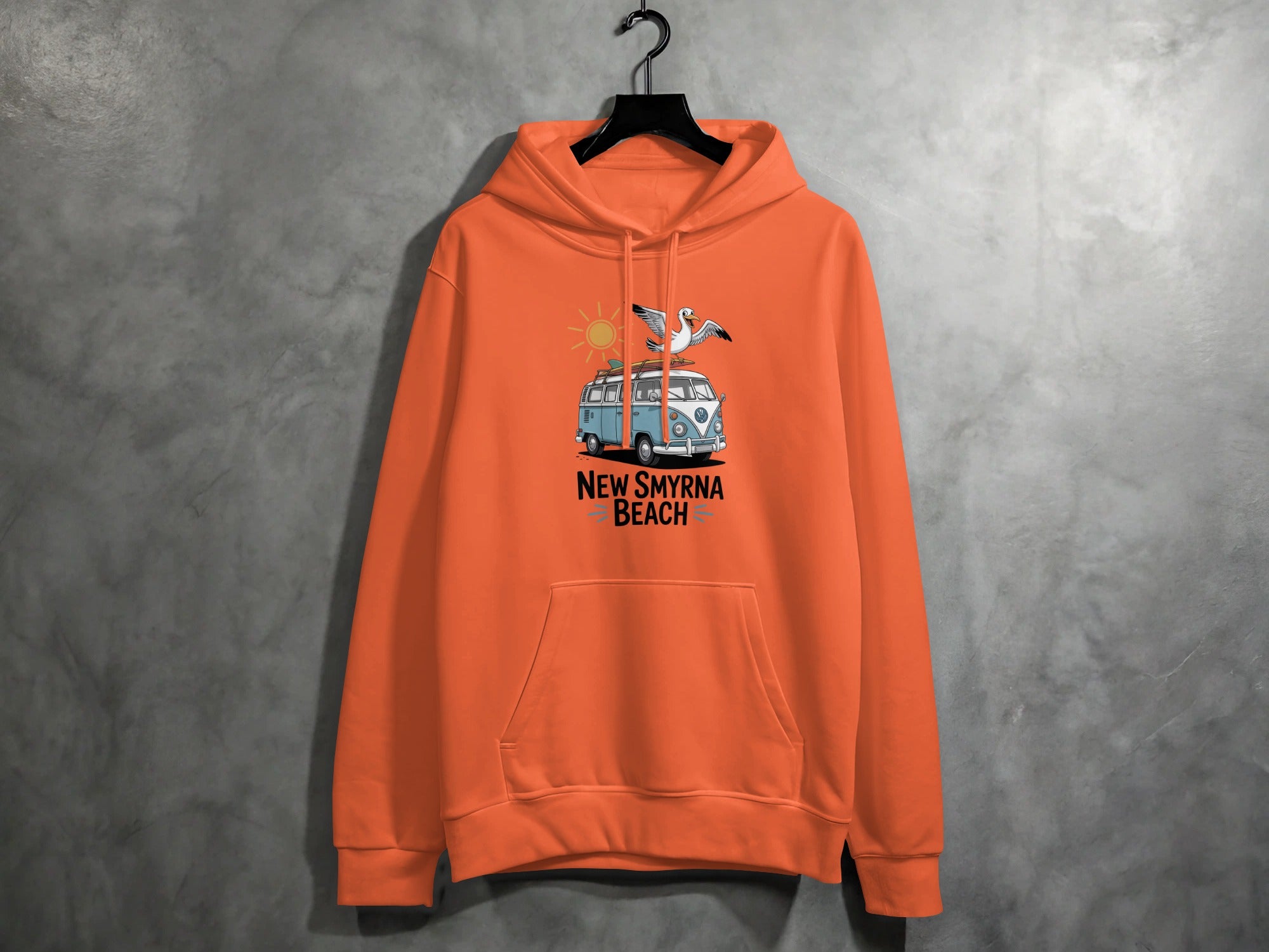 New Smyrna Beach Hoodie with Surfboard Van Design product type