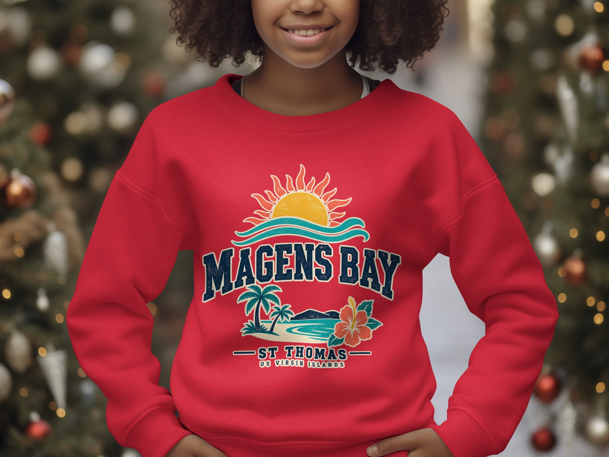 Red sweatshirt with Magens Bay St. Thomas US Virgin Islands graphic and tropical design.