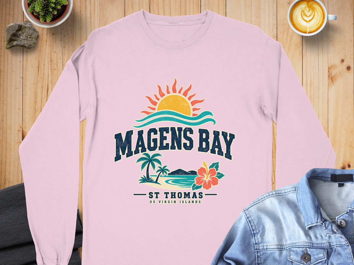 Pink long sleeve shirt with "Magens Bay St. Thomas US Virgin Islands" graphic.