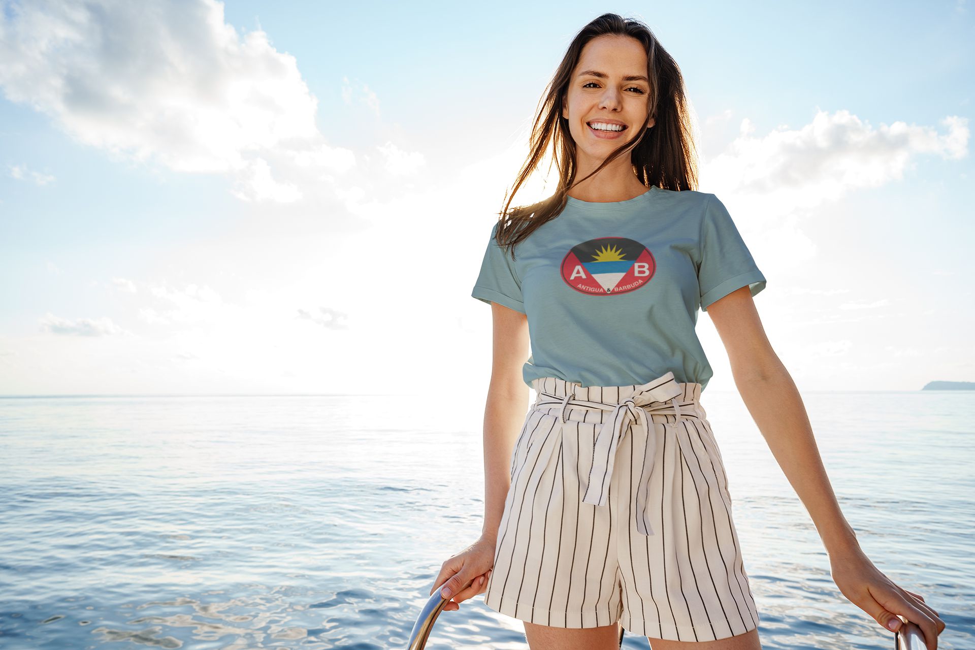 Antigua and Barbuda Flag oval Logo T-Shirt Gift Baby blue