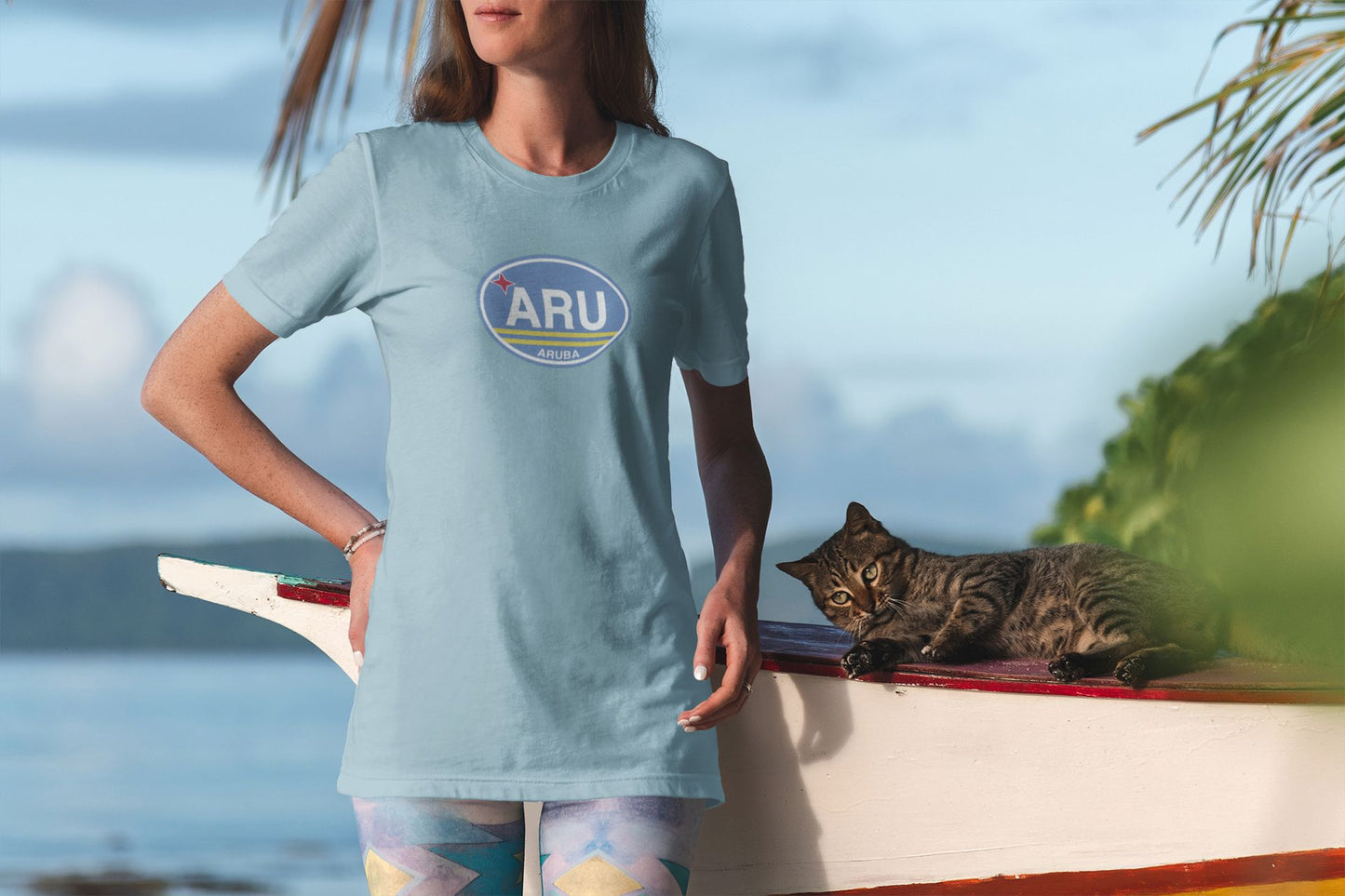 Aruba Flag Oval Logo T-Shirt Souvenir Gift  Baby Blue