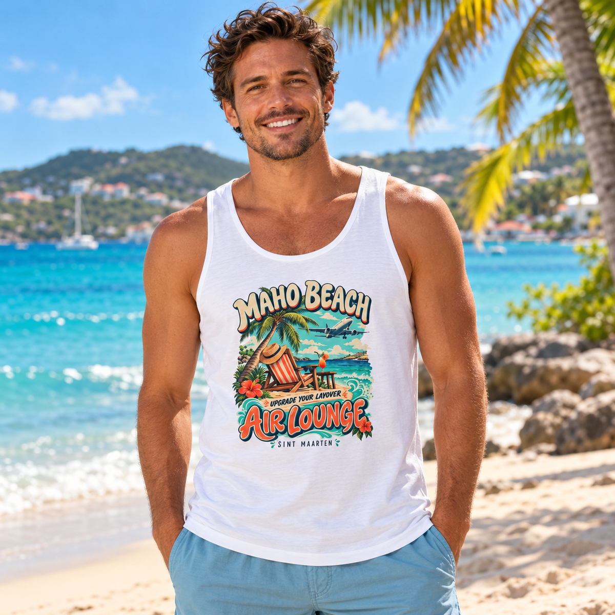 AI-generated male lifestyle mockup, Maho Beach Air Lounge destination design, tropical coastal setting