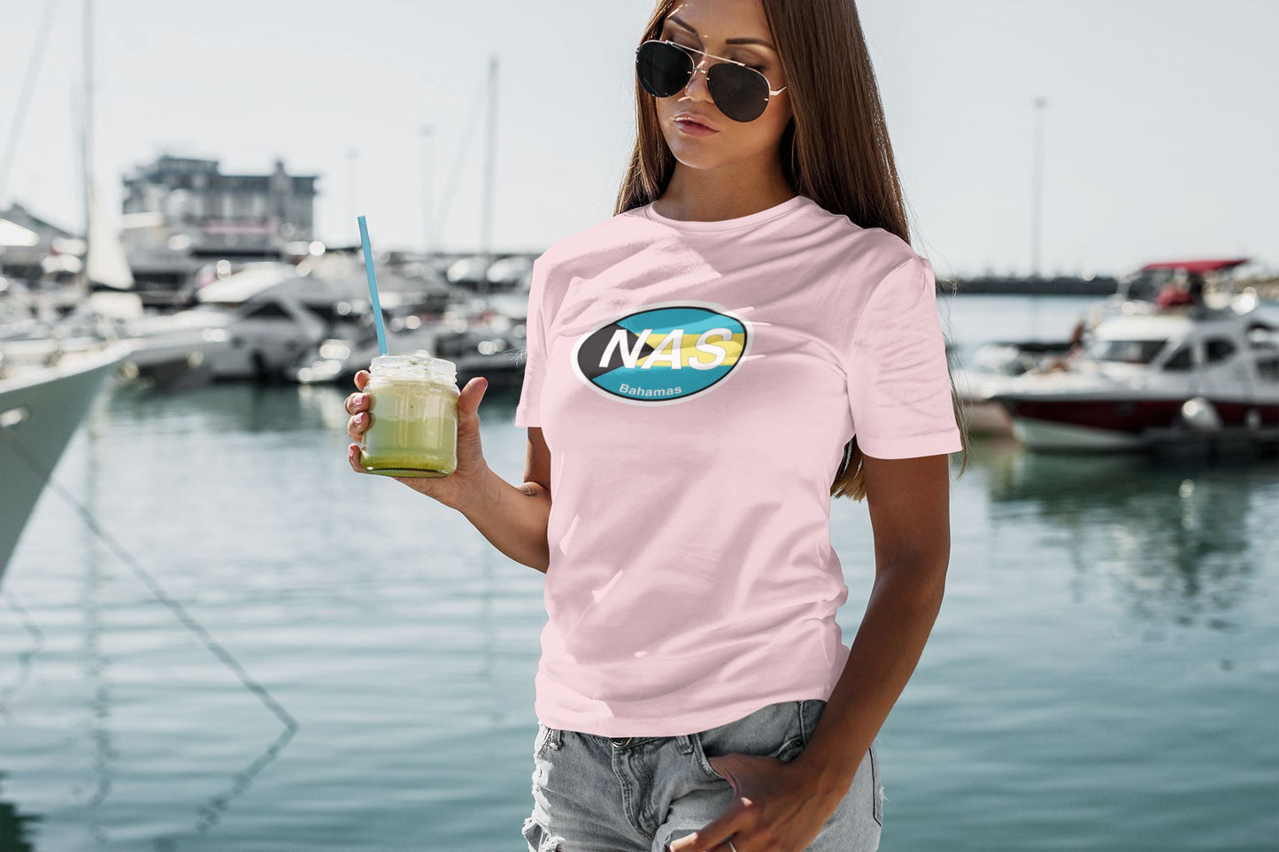 Nassau Flag Oval Logo Travel T-Shirt Gift Souvenir Pink