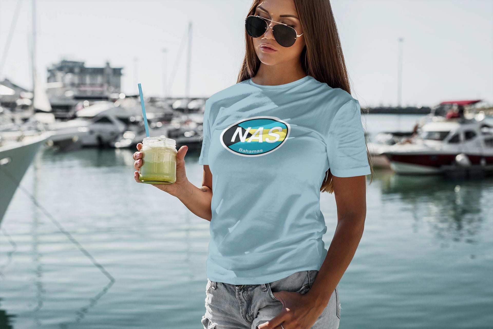 Nassau Flag Oval Logo Travel T-Shirt Gift Souvenir Baby Blue