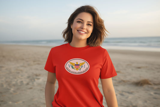 USVI Vacation Travel Oval Logo Flag T-Shirt Gift Souvenir Red