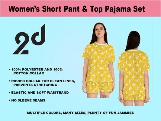 Yellow  Short Sleeve, Short Pant Pajama Set, Coral Art