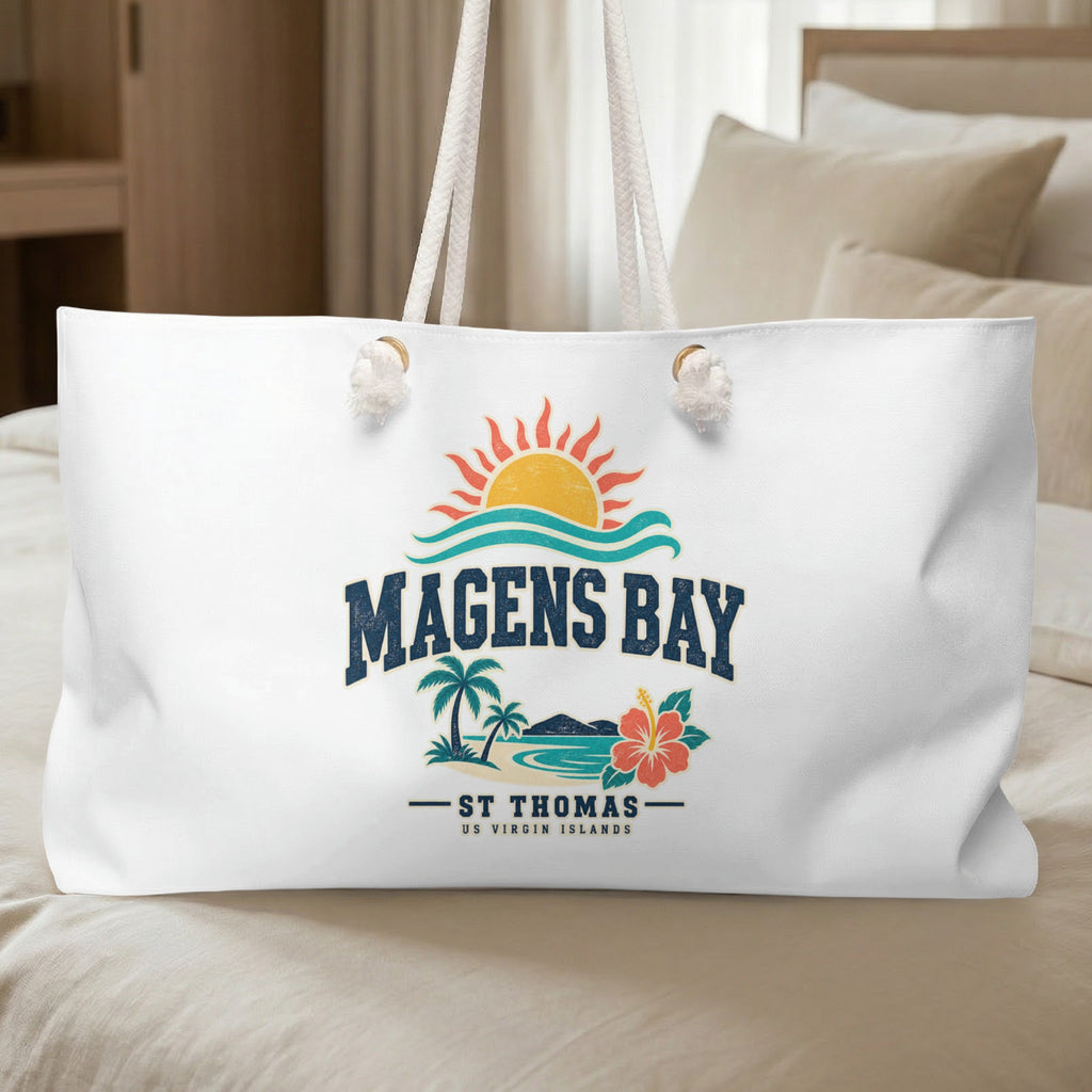 White beach bag with Magens Bay St. Thomas US Virgin Islands graphic.