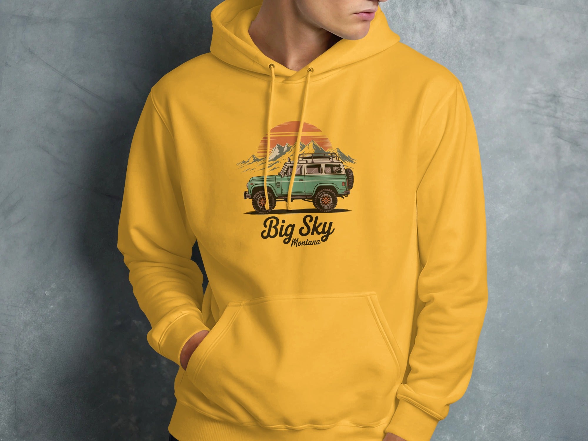 Big Sky Montana Adventure Hoodie with Vintage Car Design