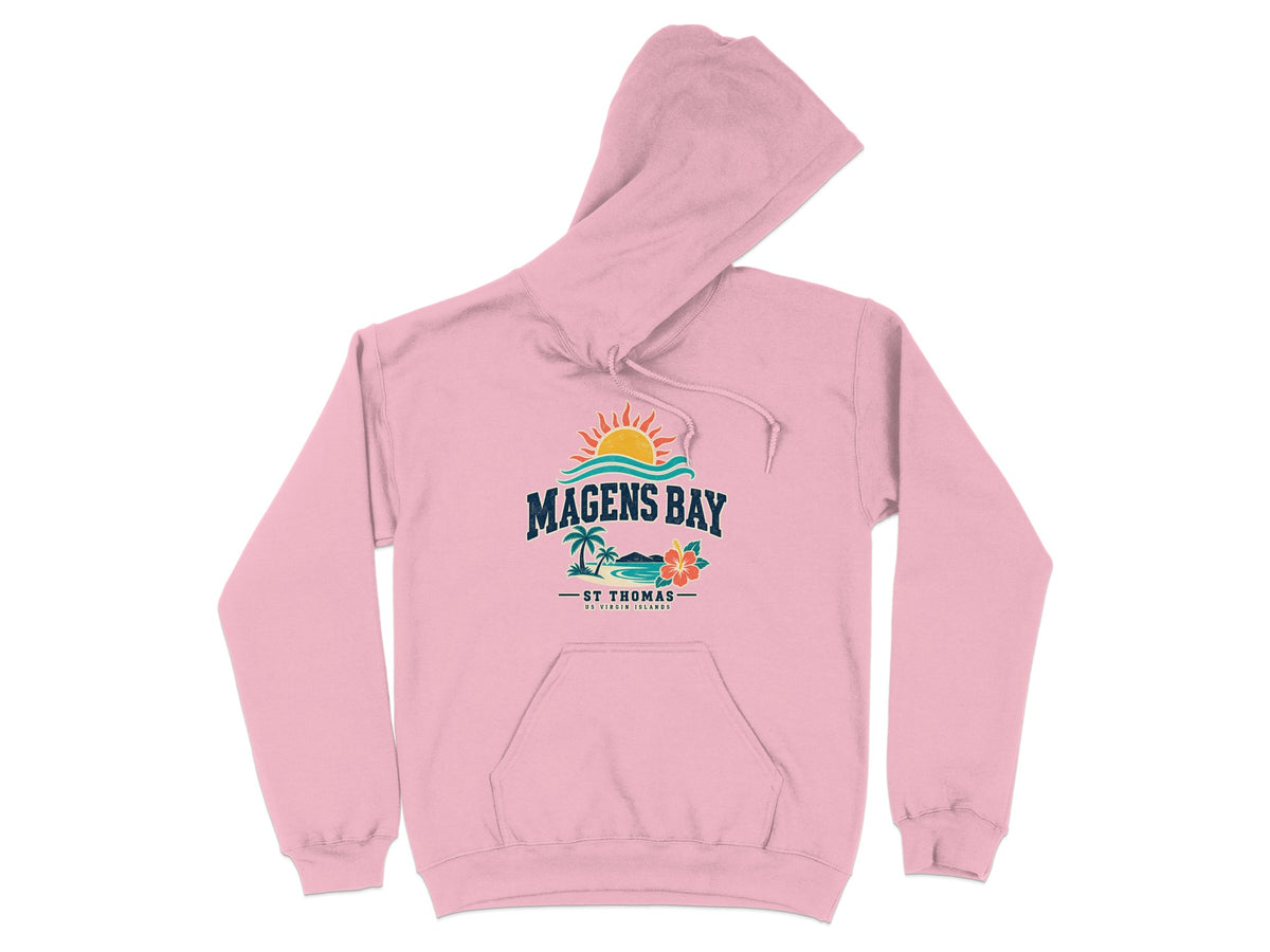 Pink hoodie with "Magens Bay St Thomas US Virgin Islands" graphic.