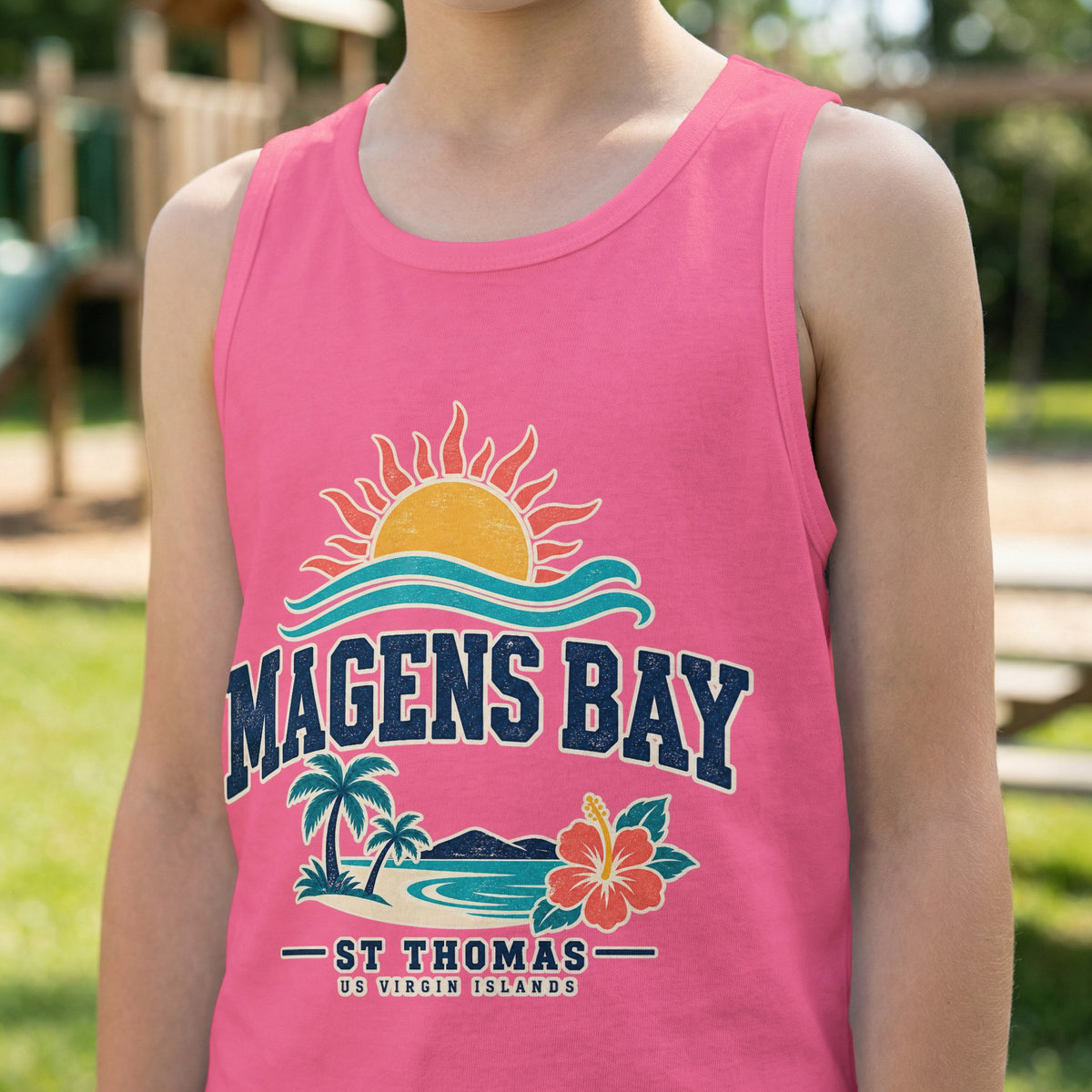 Pink tank top with Magens Bay St Thomas US Virgin Islands graphic.