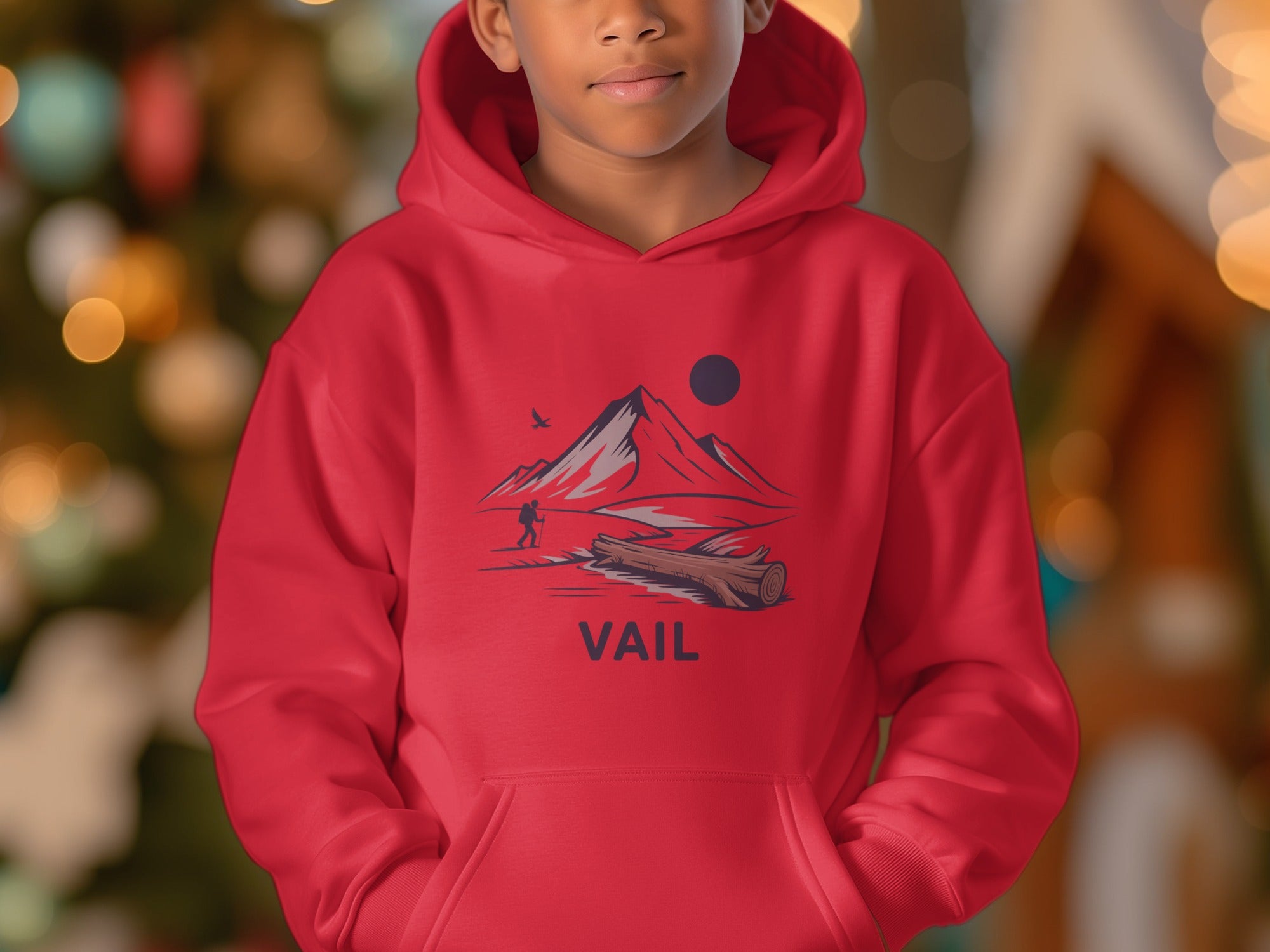 Red Hoodie with Mountain Scene Print Vail Design