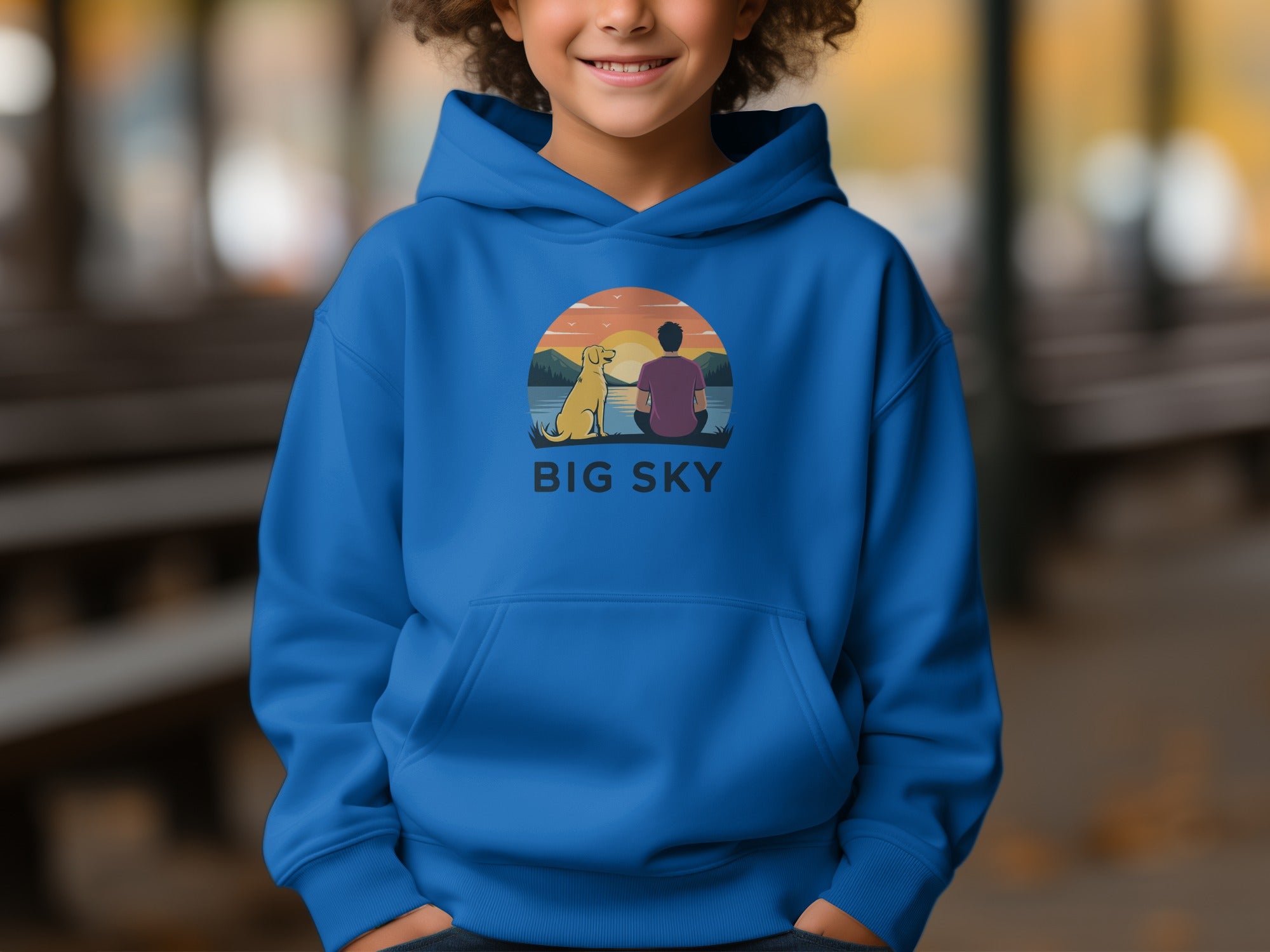 Big Sky Scenic Sunset with Kid and Dog Hoodie