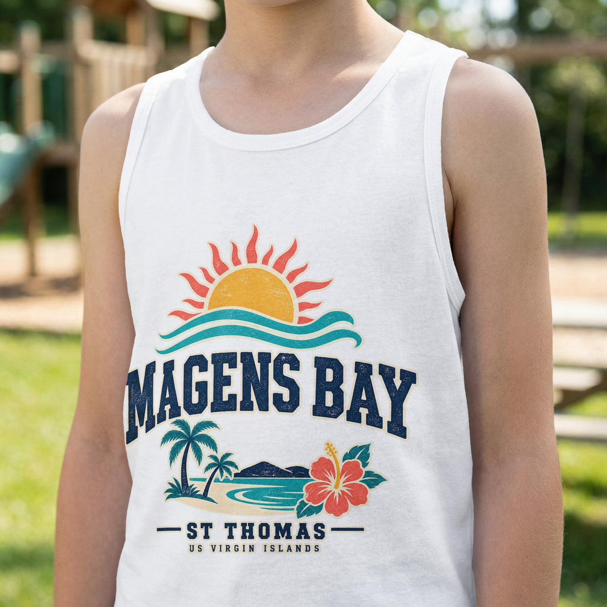 White tank top with "Magens Bay St Thomas US Virgin Islands" graphic.