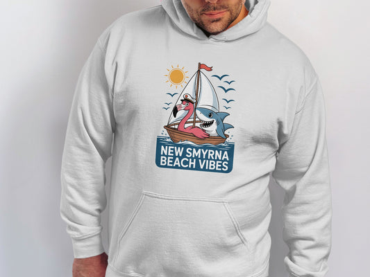 New Smyrna Beach Vibes Flamingo Shark Hoodie product